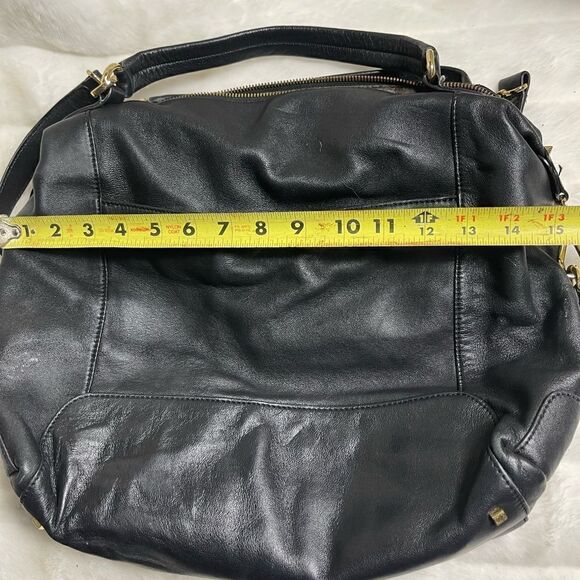 Vince Camuto black soft leather &calf hair Satchel/crossbody bag gold tone studs - Picture 11 of 16